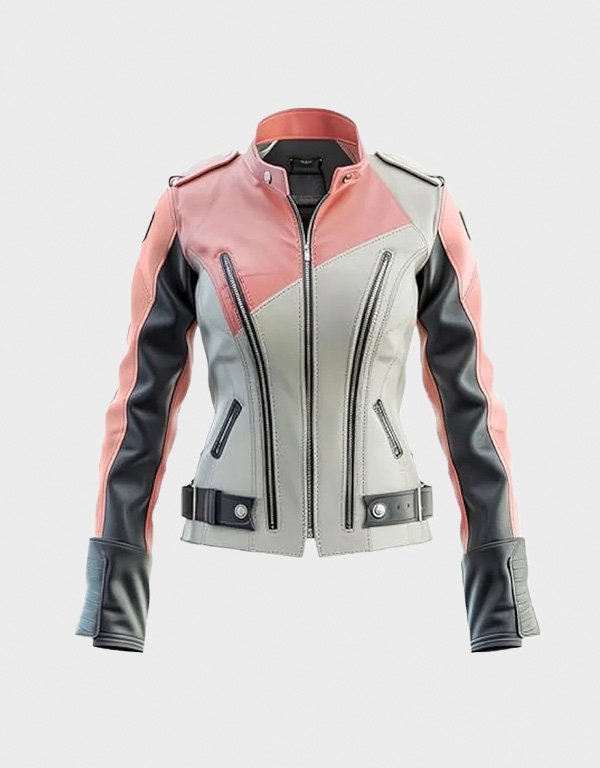 women peach pink and black biker jacket women peach pink and black biker jacket