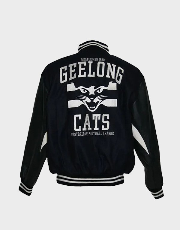 geelong cats embroidered black varsity jacket geelong cats embroidered black varsity jacket