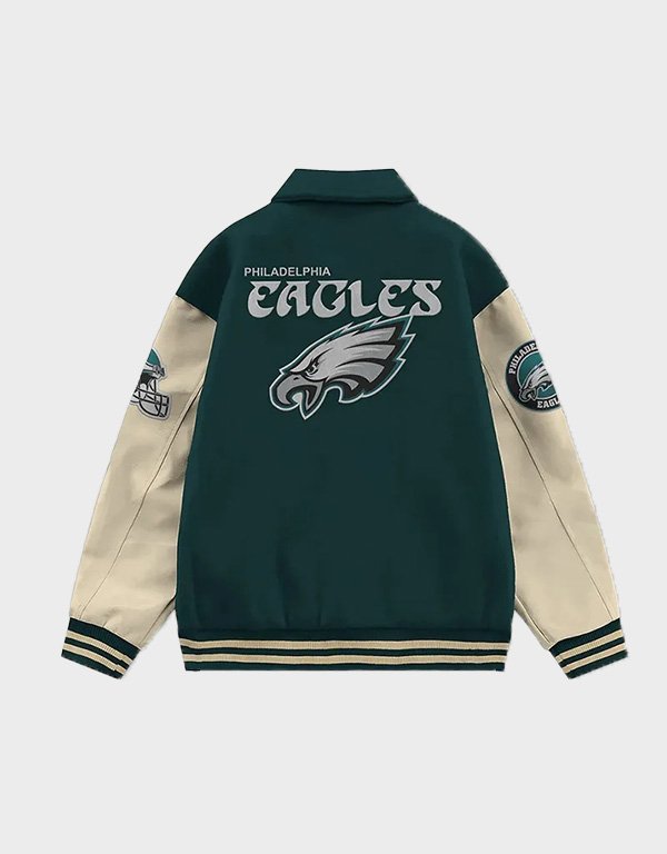 philadelphia eagles collared green and off white varsity jacket philadelphia eagles collared green and off white varsity jacket