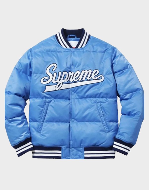 supreme puffy blue varsity jacket supreme puffy blue varsity jacket