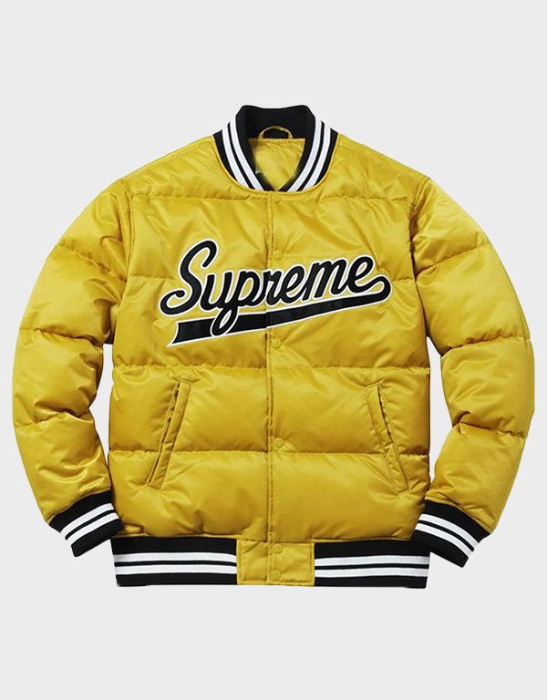 supreme puffy yellow varsity jacket supreme puffy yellow varsity jacket